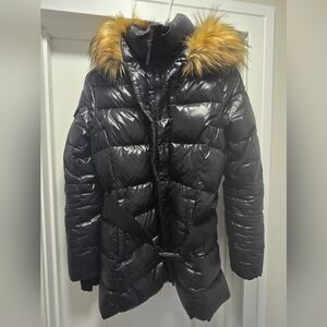 Black Puffer Coat with Faux Fur Hood Trim